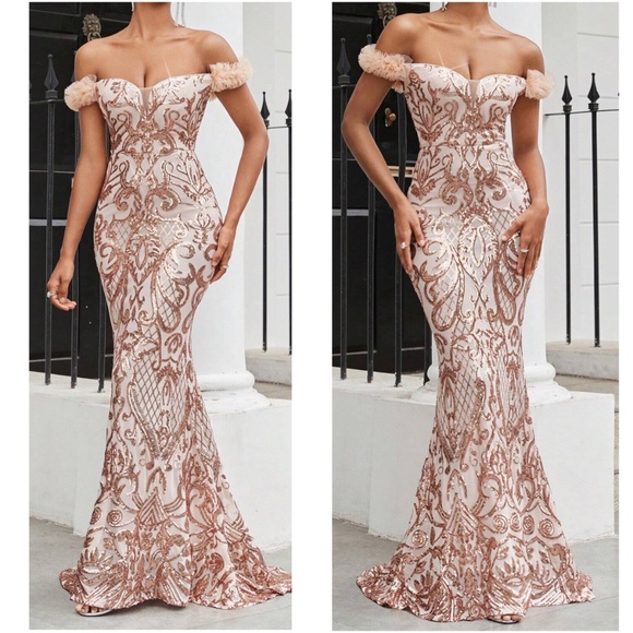 Luxe Sequin Mesh Off Shoulder Mermaid hem Formal prom Wedding Dress - Picture 1 of 7